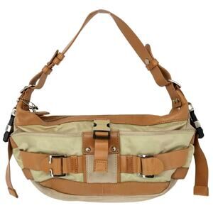 DKNY Handbag Beige Brown Nylon Leather Trim Womens Small Shoulder Bag Flaw Vtg